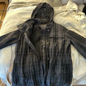 Seven7 Men's Plaid Hooded rain jacket can zip hood away.